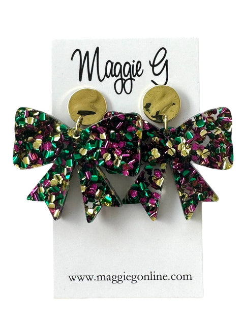 Mardi Gras Glitter Bow Earrings