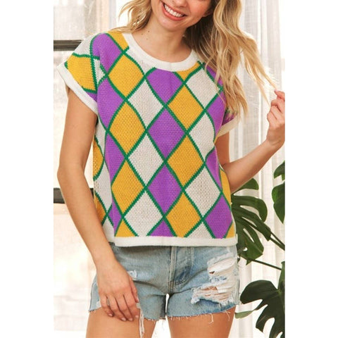 Mardi Gras Short Sleeve Diamond Checker Sweater