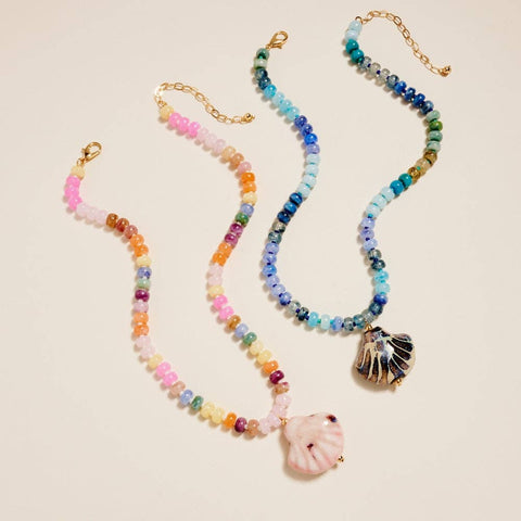 Ombre Beaded Necklace with Ceramic Seashell Pendant