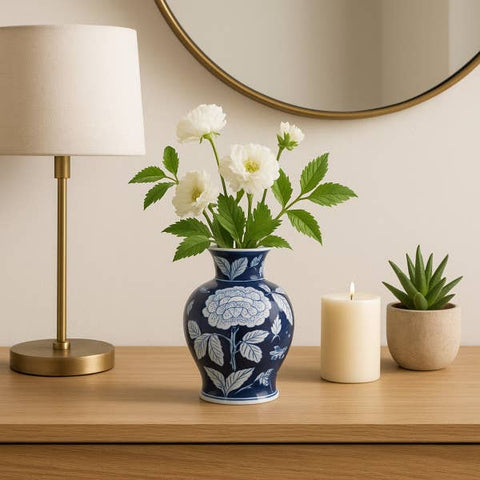 Decorative Vase - Blue Ceramic Floral Chinoiserie, 9 in. - 318 Art & Frame