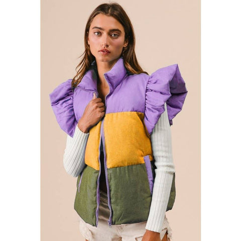 Mardi Gras Colors Block Puffer Ruffled Detail