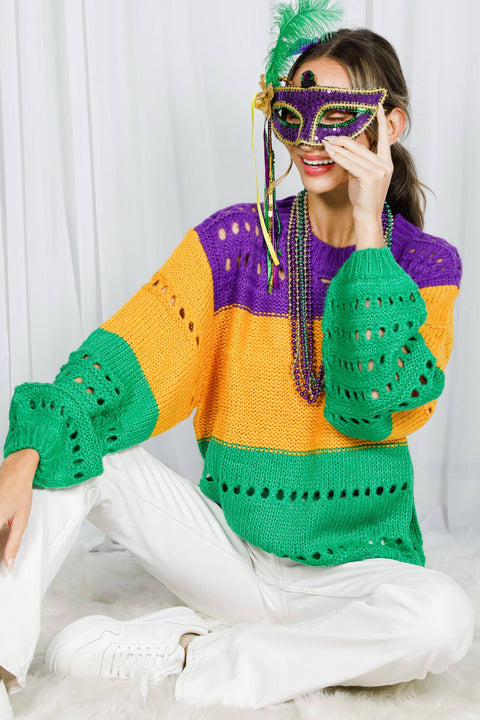 Color Block Mardi Gras Open-Knit Crochet Sweater