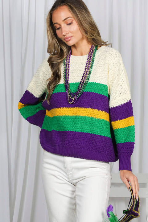 Mardi Gras Multi Color Block Waffle Textured Sweater