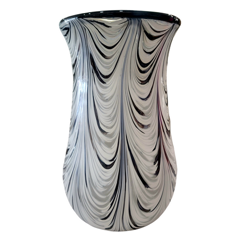 Hand Blown Glass Black and White Feathered Vase