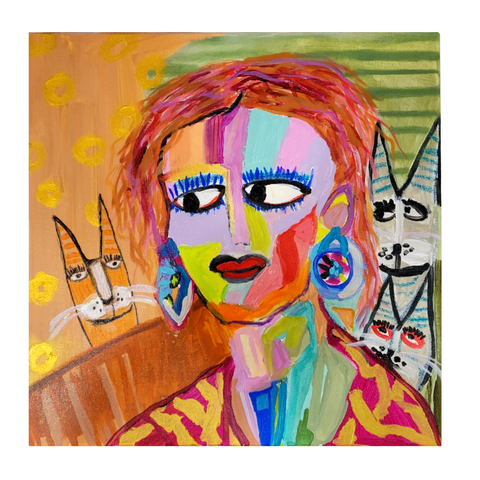 "Crazy Cat Lady" Acrylic on Gallery Wrapped Canvas 16x16