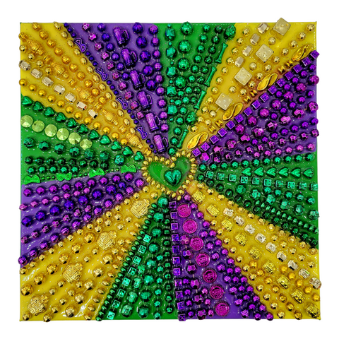 "Mardi Gras Love" Bead Collage on Canvas 10x10