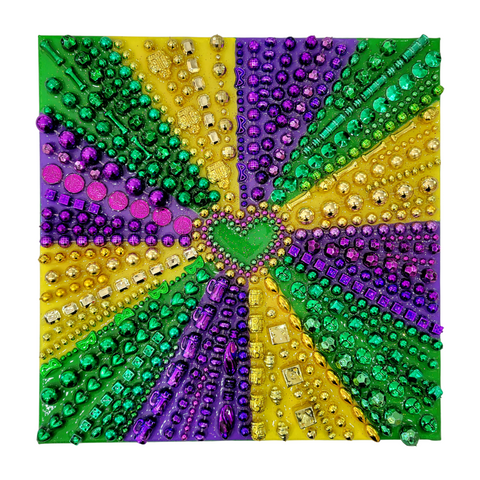 "Mardi Gras Love" Bead Collage on Canvas 10x10